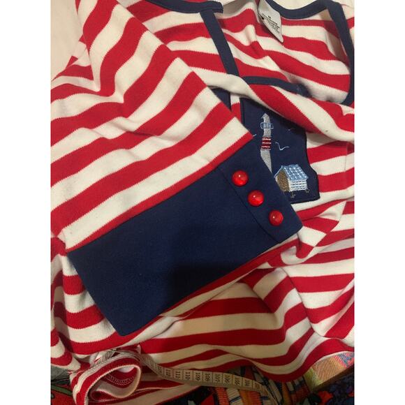 Nautical Red Striped Breckenridge V Neck T Shirt Navy Blue Trim Patches MEDIUM - Picture 11 of 11